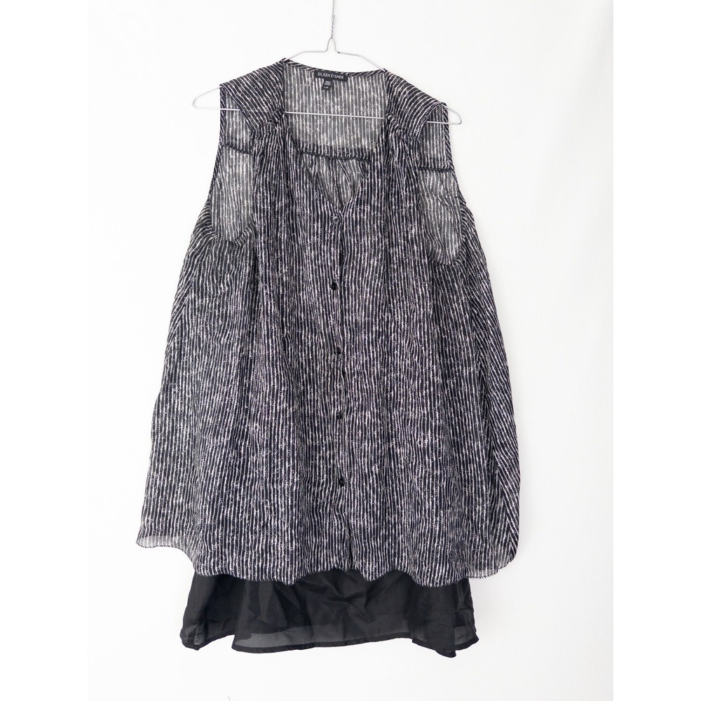 Eileen Fisher Blouse Womens‎ L Black Striped 100% Silk Sleeveless V Neck